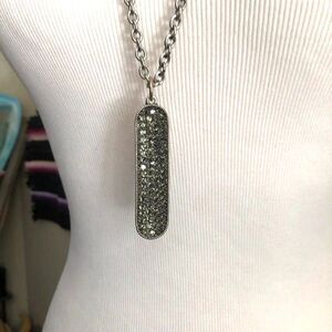 Oblong Dangle Pendant Necklace Silver Tone